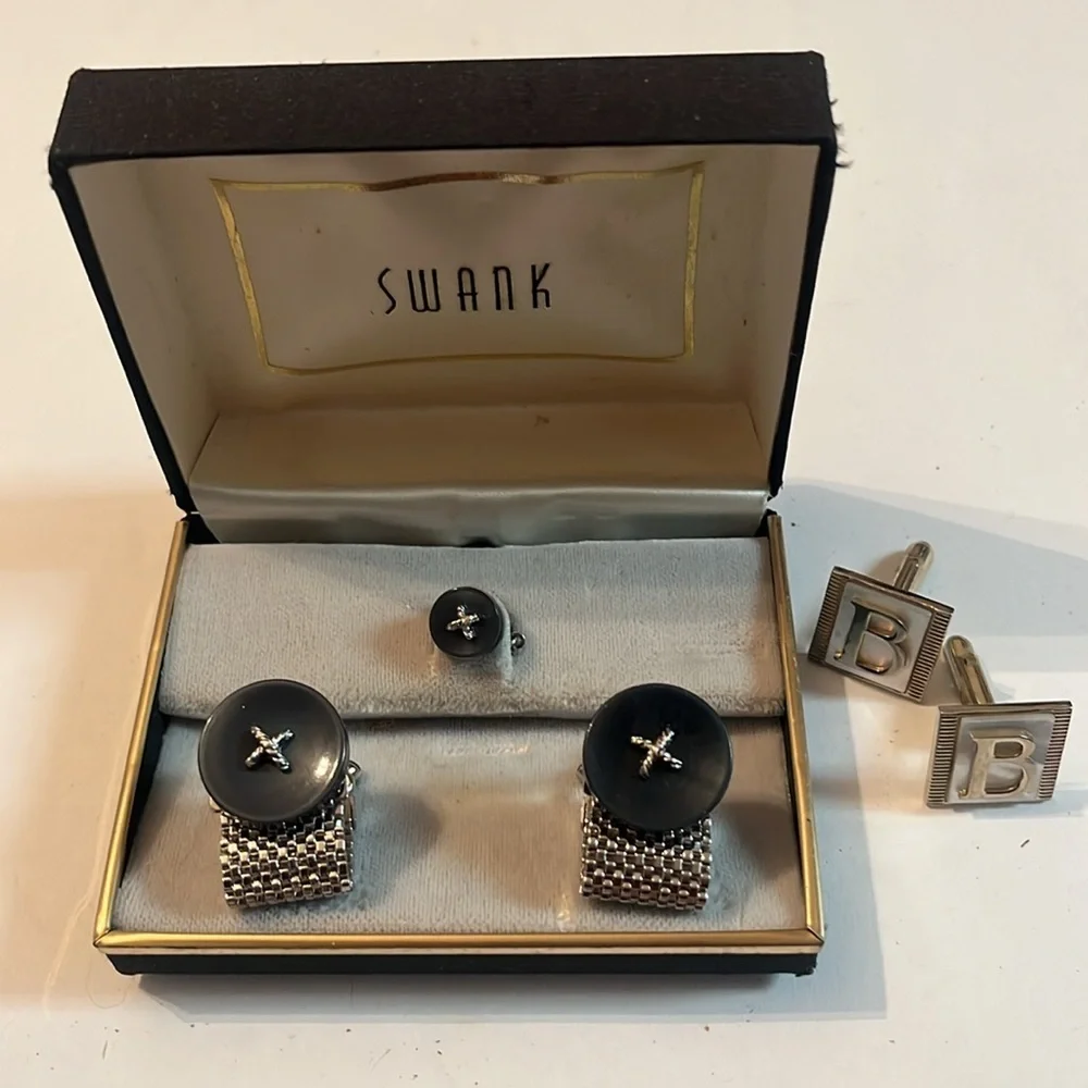 Vintage Swank Cufflinks B Monogram 5 piece set Black Silver Rare